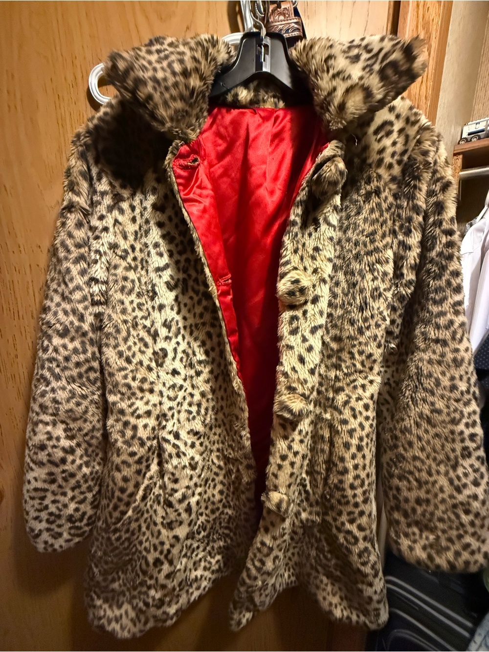 Leopard Print Faux Fur Coat with Red Lining
